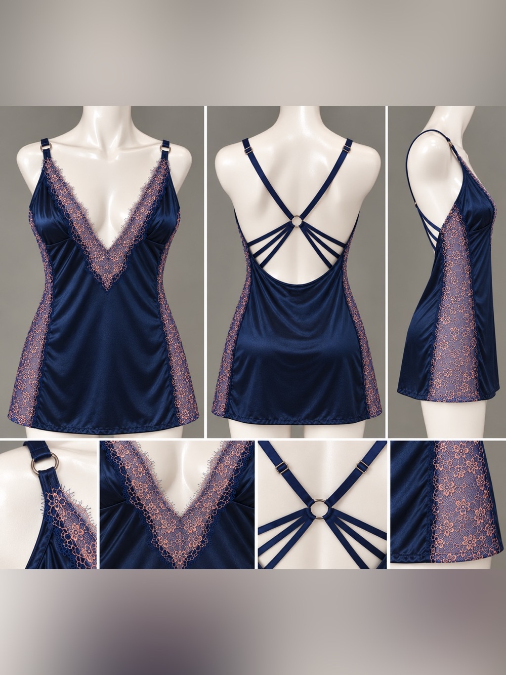 NWOT Victoria’s Secret Navy Satin Lace Strappy Chemise Slip M